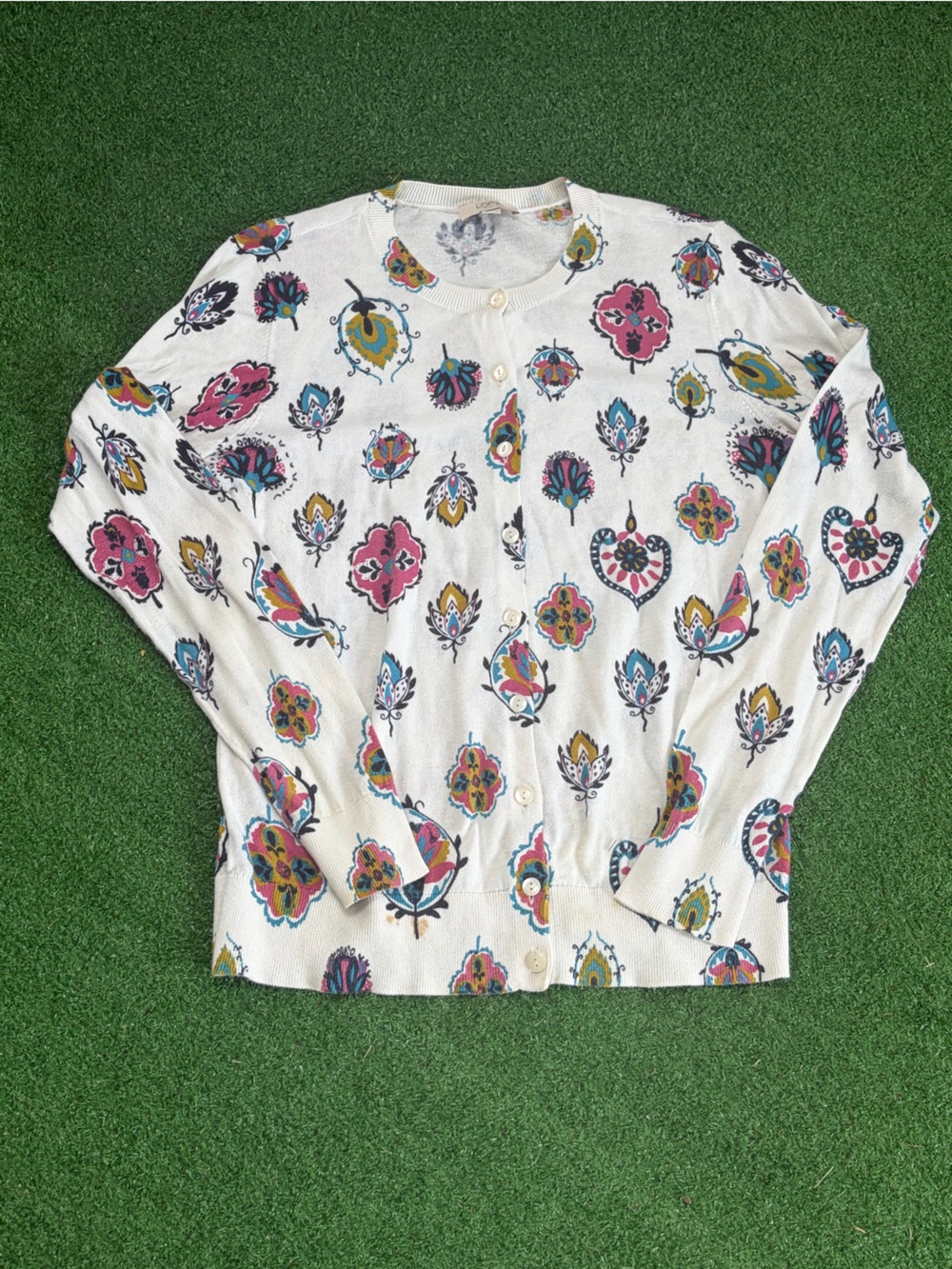 LOFT  Cardigan with Pink, Blue & Mustard Floral Print